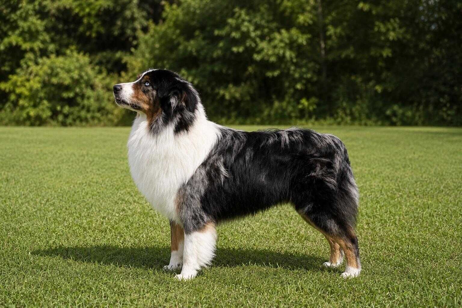 Flint, a blue merle Australian Shepherd, standing in profile in a grassy field, showing off his full coat and elegant stance
