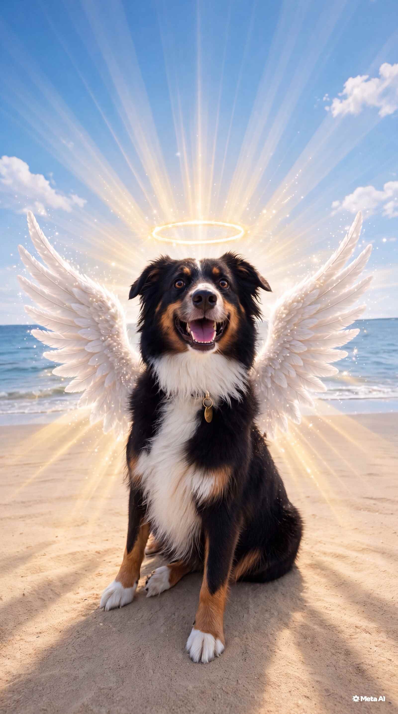 Kira, an Australian Shepherd, sitting on the beach looking up brightly