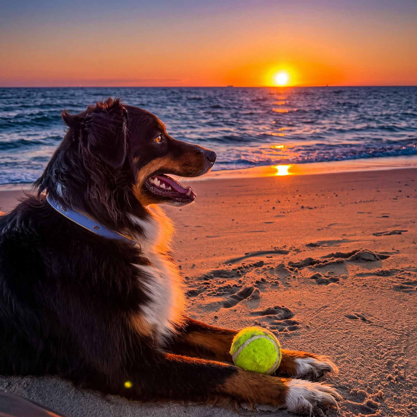 Kira lying on the beach at sunset with a tennis ball between her paws, gazing out at the glowing horizon
